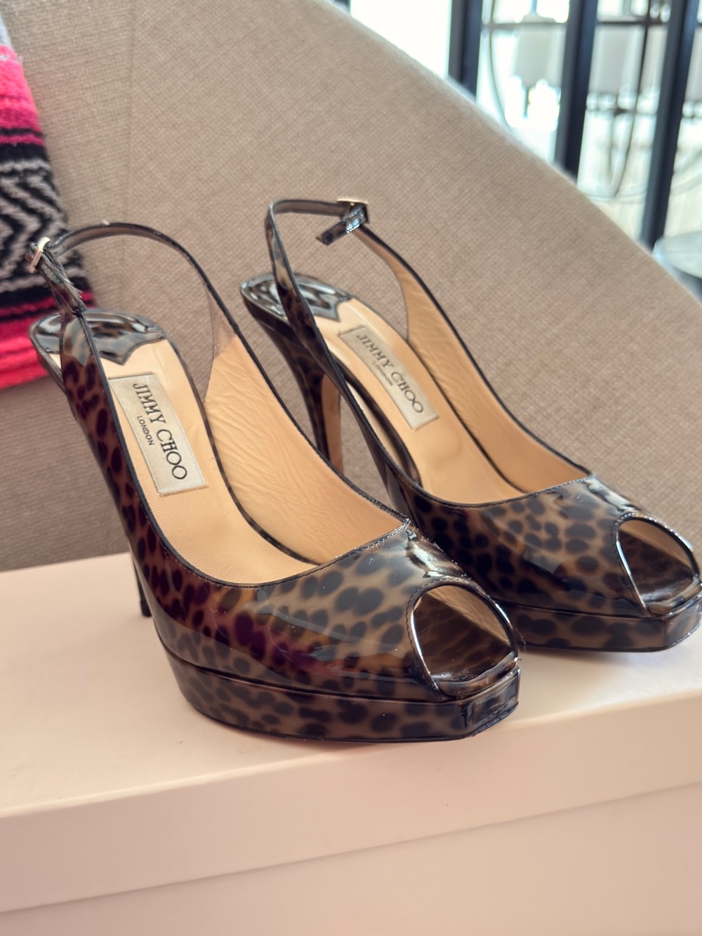 Jimmy Choo Leopard Print Patent Peep-Toe Slingback Heels - Brown/Black